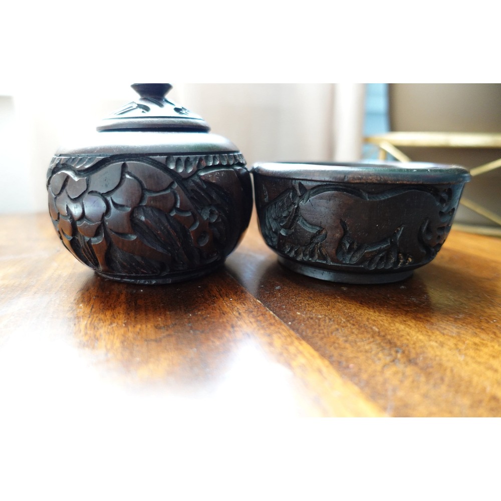 Hand Turned Round EBONY wood trinket boxes set of 2 carved folk-art animals‎